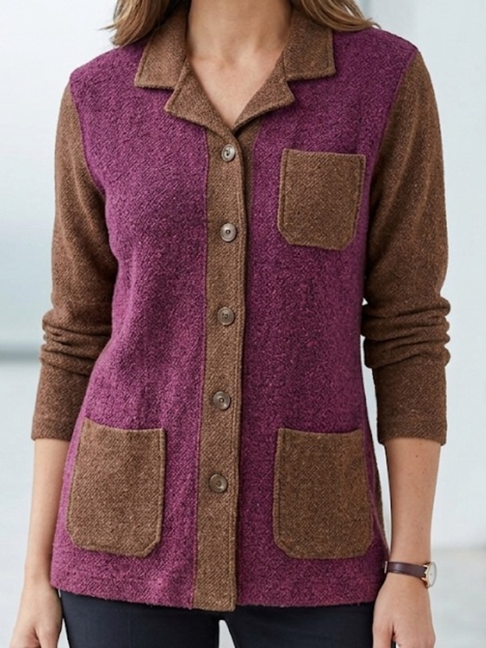 🙍‍♀️LIZ CLAIBORNE—Two-Tone Red-Plum/Brown Button Up Front Cardigan 🧥